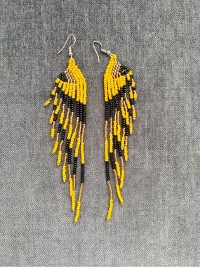 NEW African Handmade Beaded Earrings Black Gold and Yellow